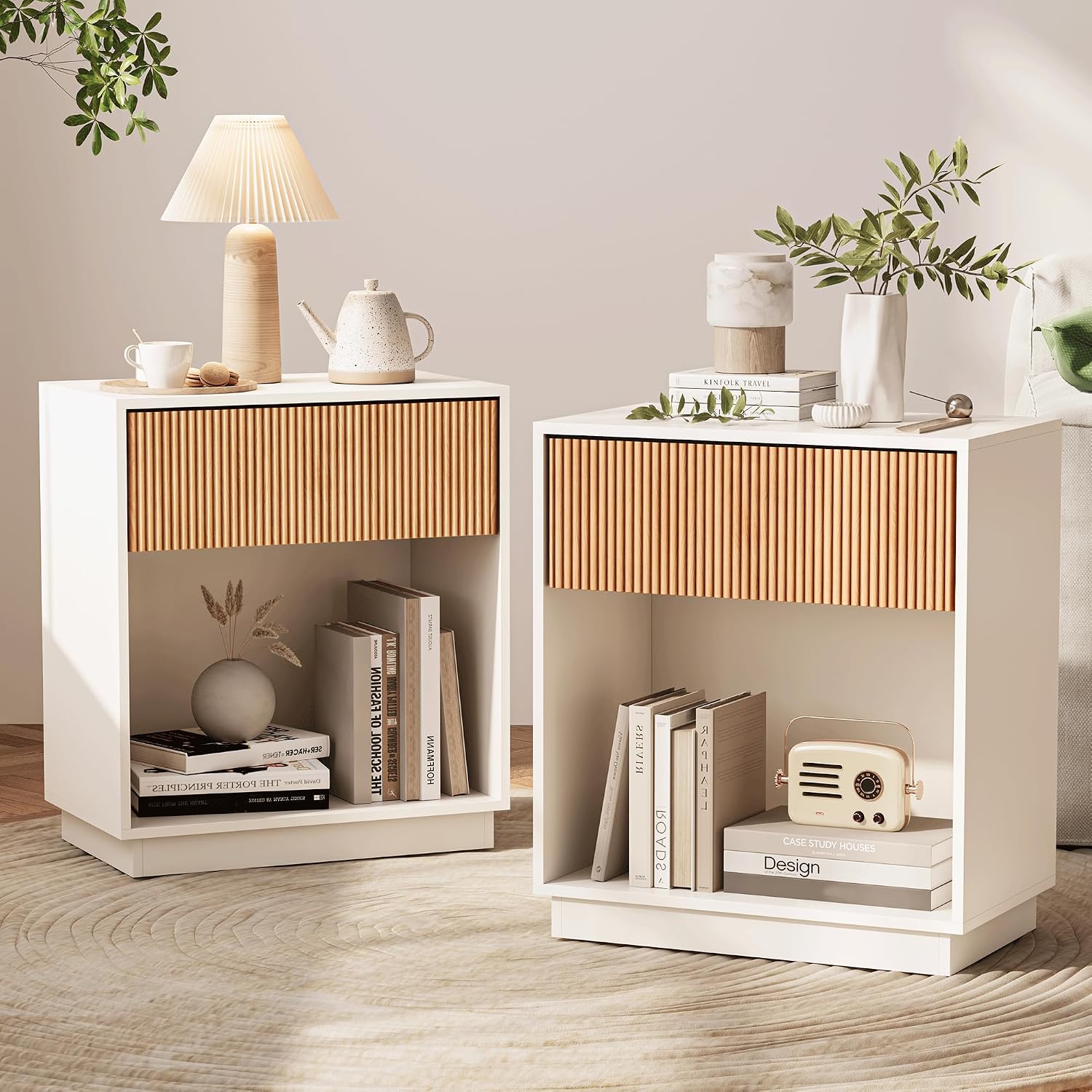 Desk Setup White - Oluklu Komodinler 2'li Set Modern Komodin
